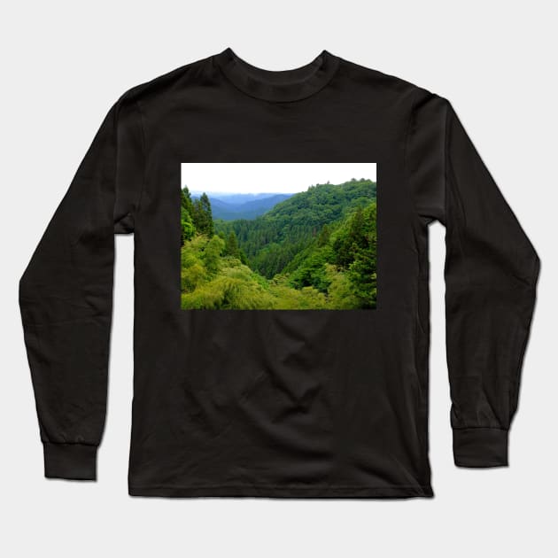 Japan Mountain Forest Ryokan View Long Sleeve T-Shirt by softbluehum